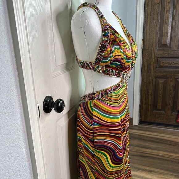 Camille La Vie Multicolor Plunge Neckline Cocktail Prom Long Train Dress Sz 4 - Picture 8 of 16